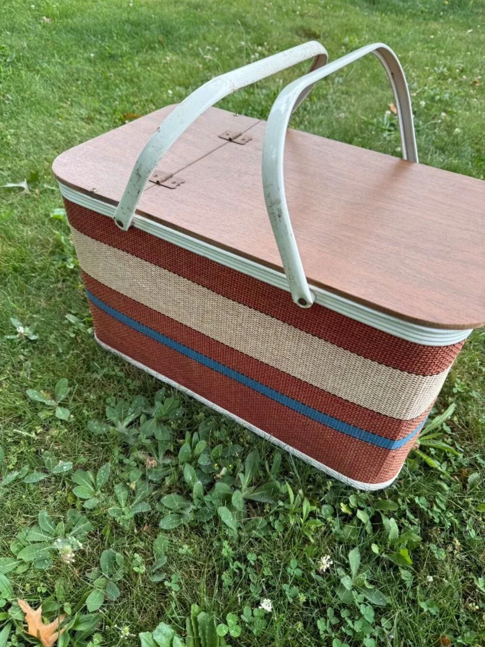 Vintage Woven Picnic Basket Wood Lid White Handles Red Blue Beige Stripes